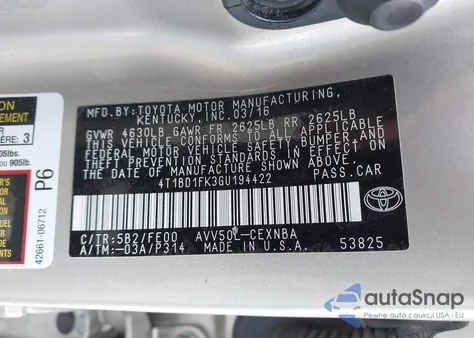 2016 Toyota Camry Hybrid Le z USA, uszkodzony, nr VIN 4T1BD1FK3GU194422